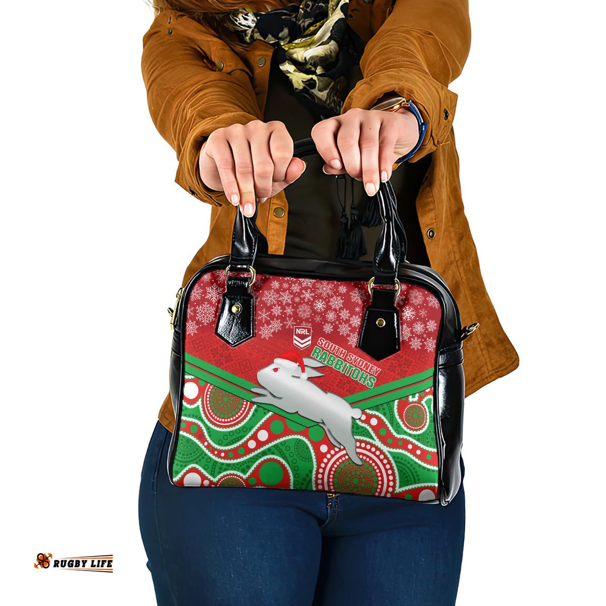 Custom Rabbitohs Rugby Christmas Shoulder Handbag Merry Xmas 2023 Mix Aboriginal Art