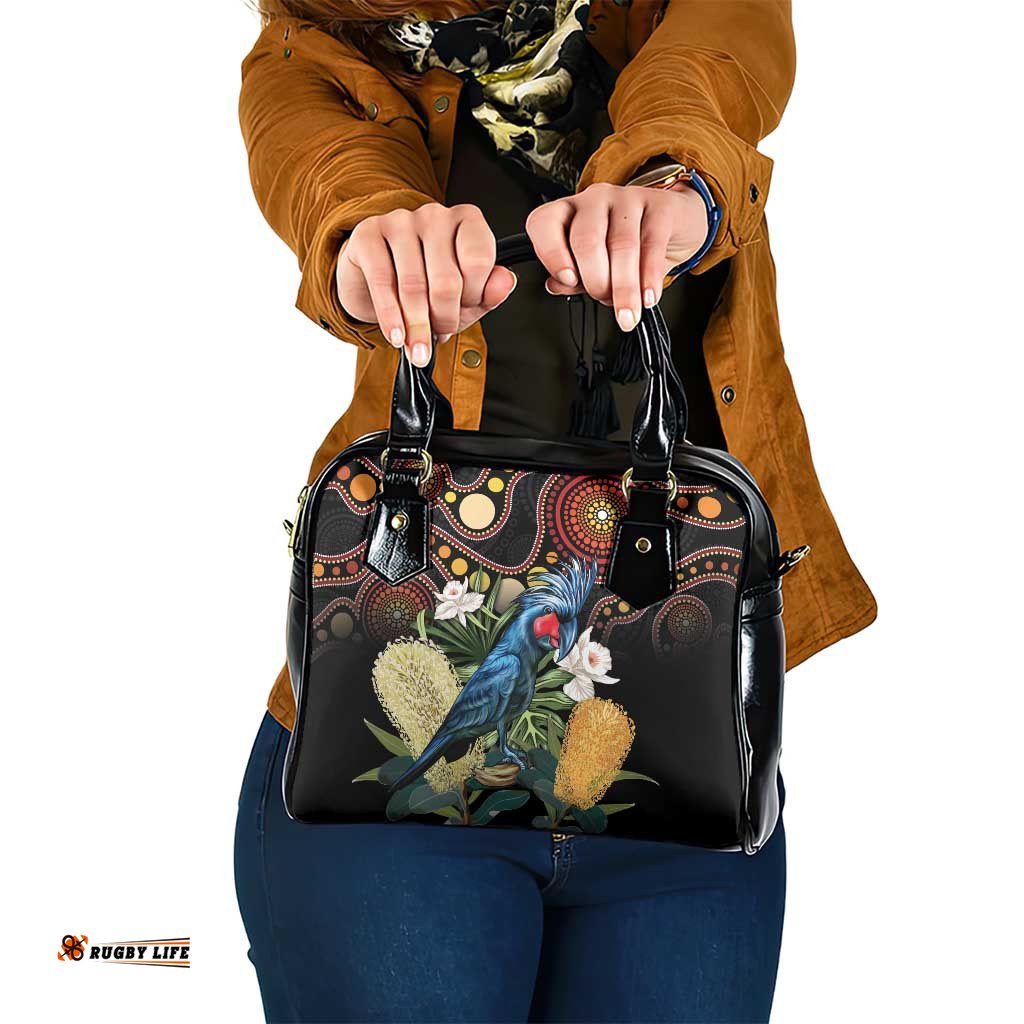 Australia Palm Cockatoo Shoulder Handbag Aussie Banksia - Aboriginal Pattern