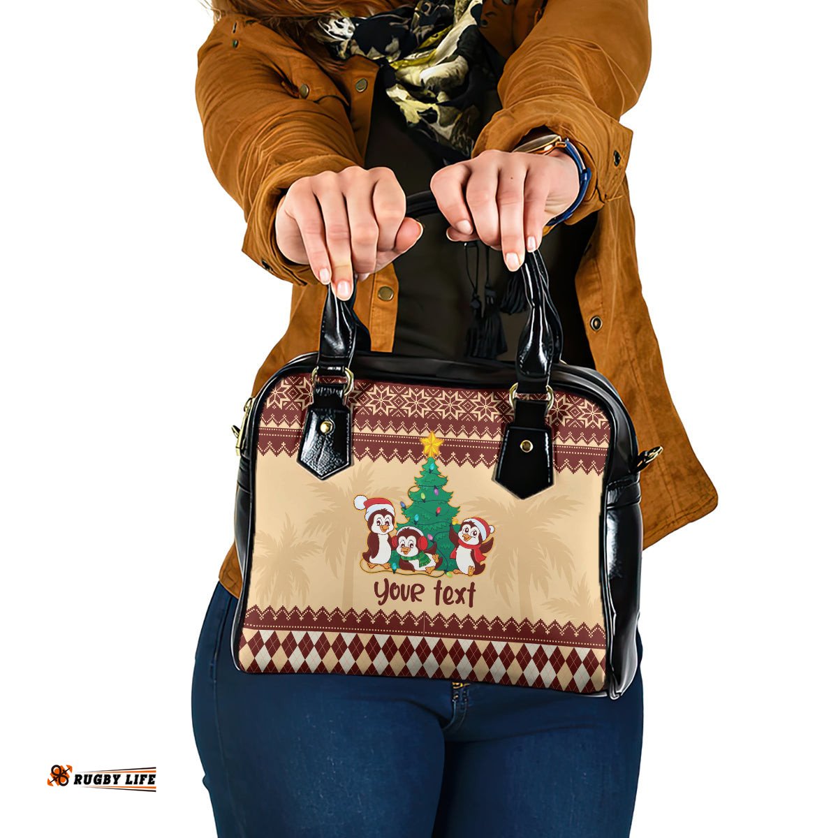 Australia Penguin Christmas Argyle Pattern Personalised Shoulder Handbag