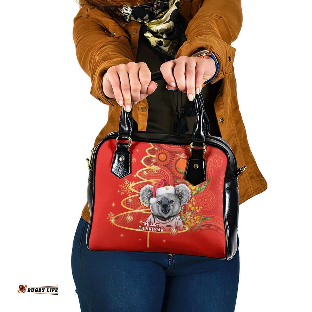 Personalised Australia Koala Christmas Shoulder Handbag Aboriginal Art With Golden Wattle