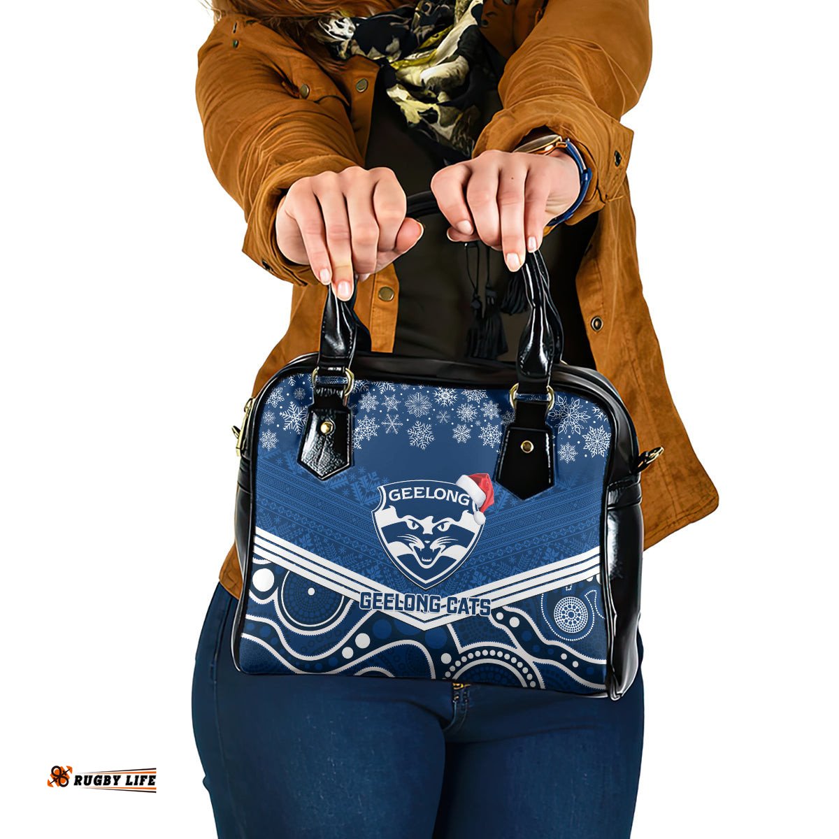 Geelong Football Christmas Shoulder Handbag Merry Xmas 2023 Mix Aboriginal Art
