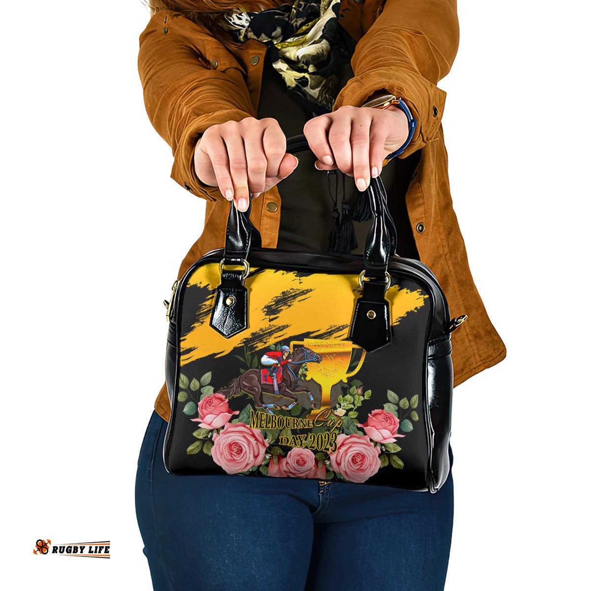 Personalised Australia Melbourne Cup Day Shoulder Handbag 2023 Horse Racing Trophy With Roses