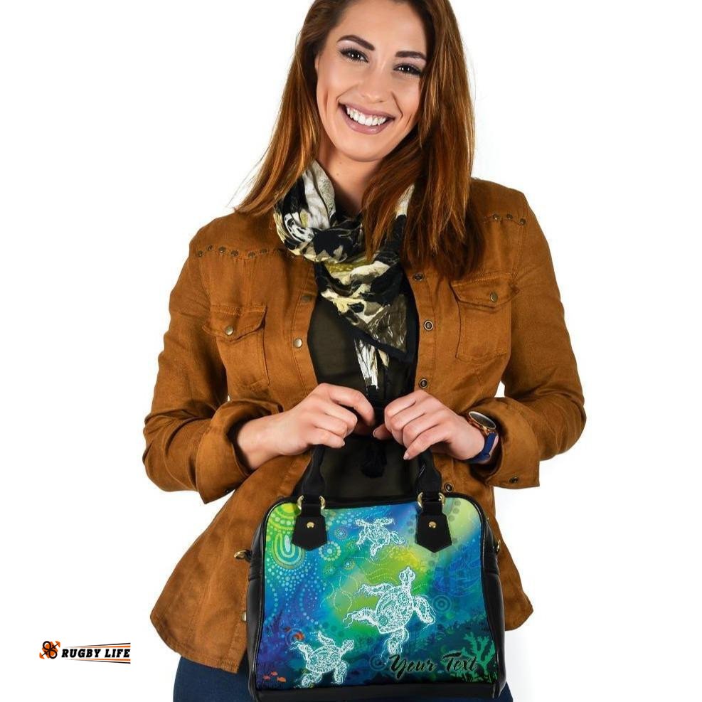 Custom Text Aboriginal Shoulder Handbag - Indigenous Turtle Ocean Dot Painting Art