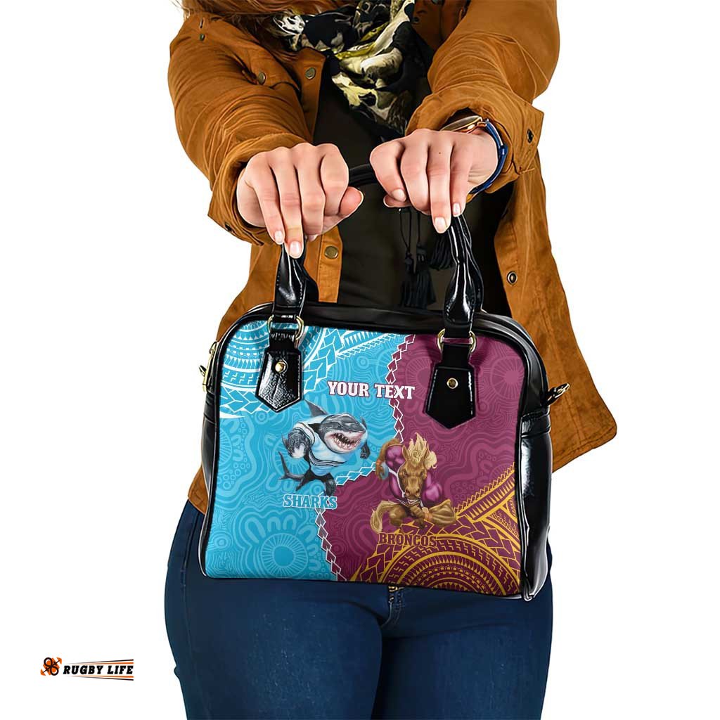 Personalised Sharks And Broncos Rugby Shoulder Handbag Aboriginal Mix Polynesian Pattern