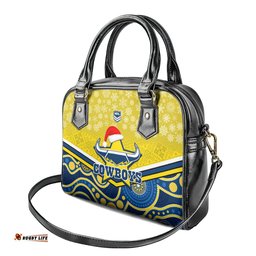 Custom Cowboys Rugby Christmas Shoulder Handbag Merry Xmas 2023 Mix Aboriginal Art Blue Version