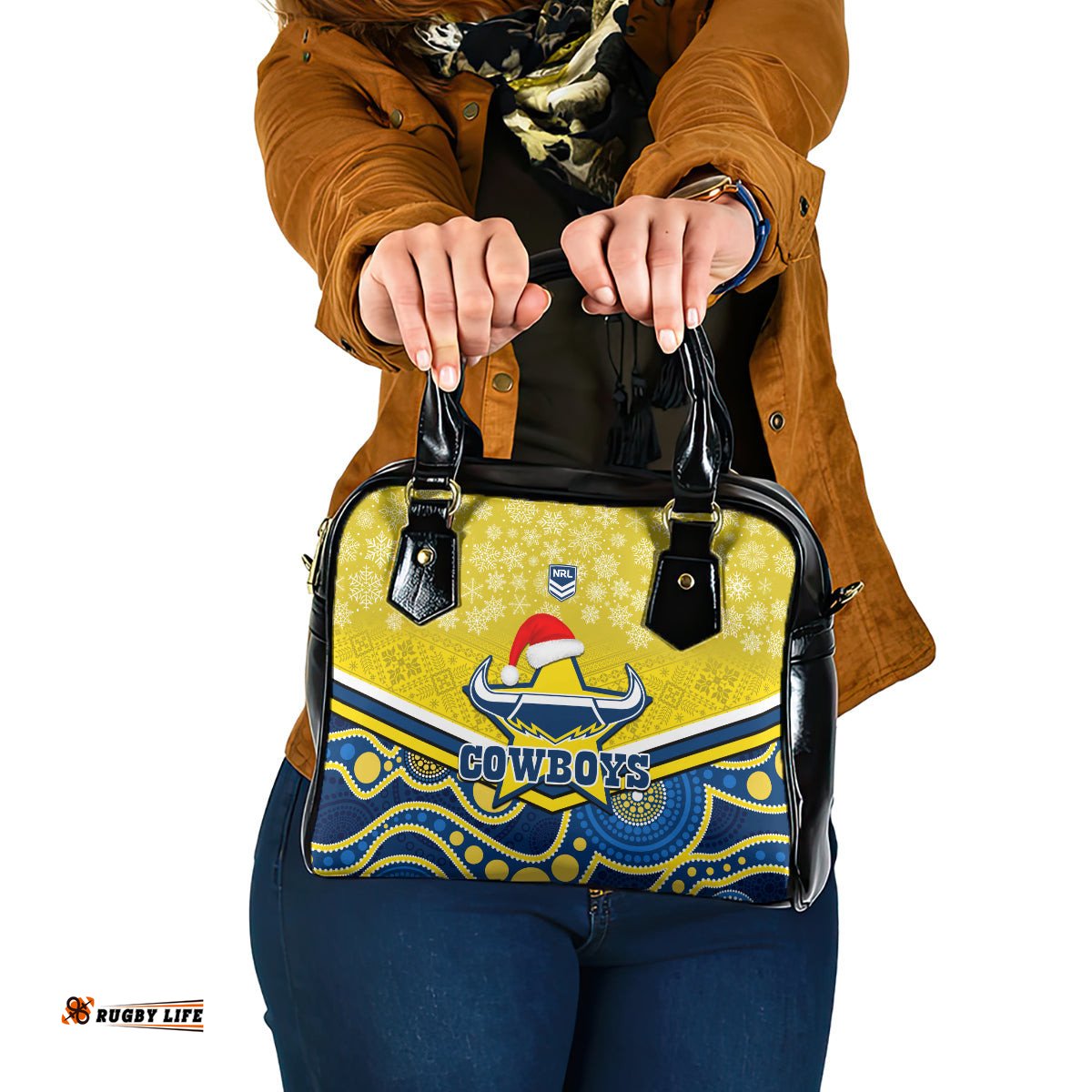 Custom Cowboys Rugby Christmas Shoulder Handbag Merry Xmas 2023 Mix Aboriginal Art Blue Version