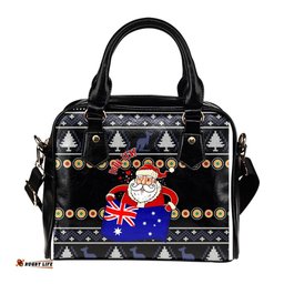 Christmas Personalised Shoulder Handbag - Australia Santa Claus Hold The Flag  Black