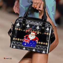 Christmas Personalised Shoulder Handbag - Australia Santa Claus Hold The Flag  Black