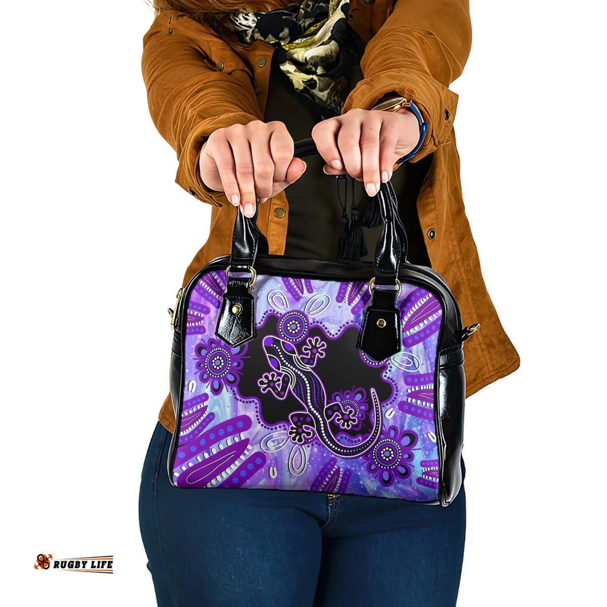 Australia Opal Shoulder Handbag Aussie Lizard With Aboriginal Art - Purple