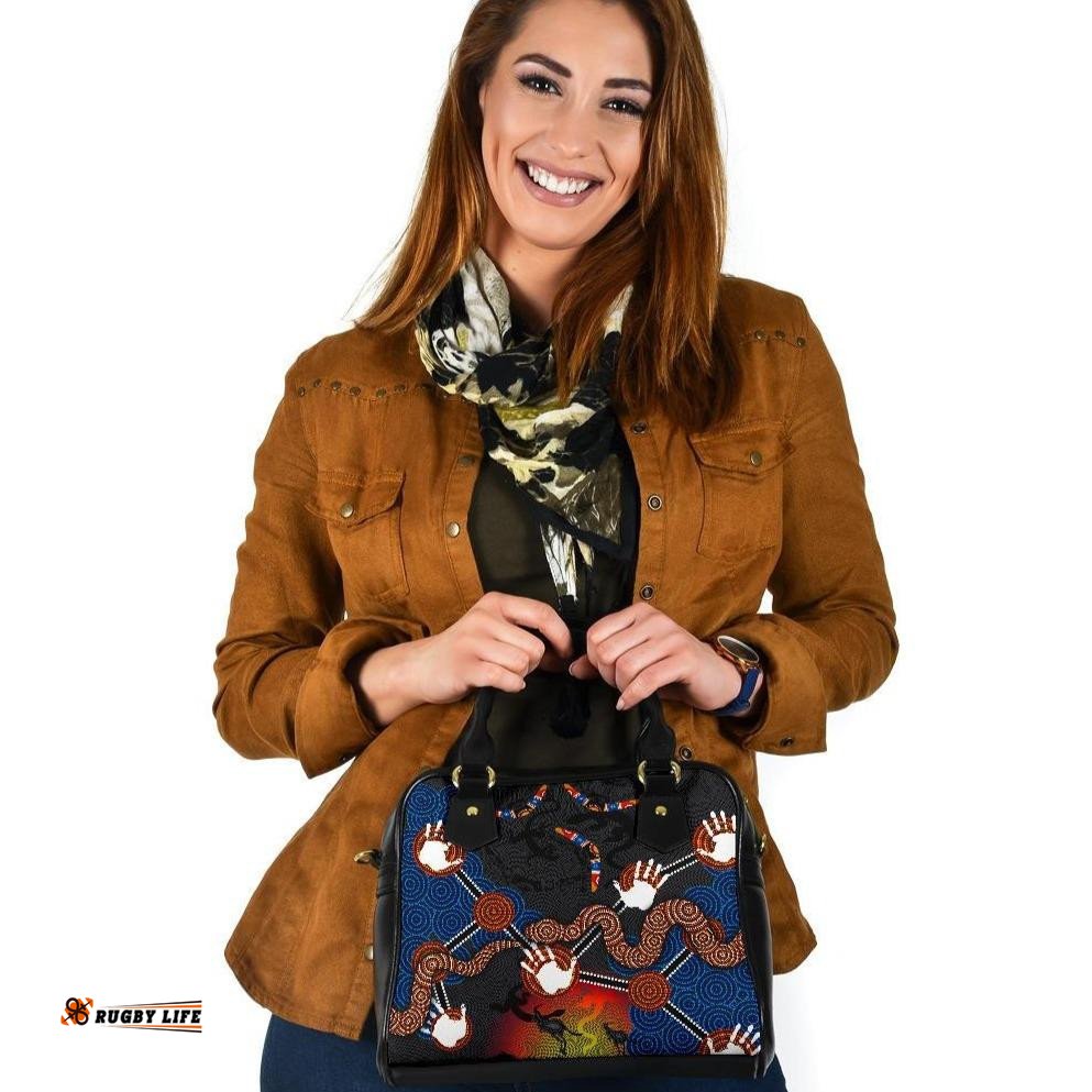 Aboriginal Shoulder Handbag, Australian Boomerang and Snake Indigenous Art Ver 01