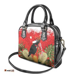 Personalised Palm Cockatoo Australia Christmas Shoulder Handbag Merry Chrissie - Banksia Flowers