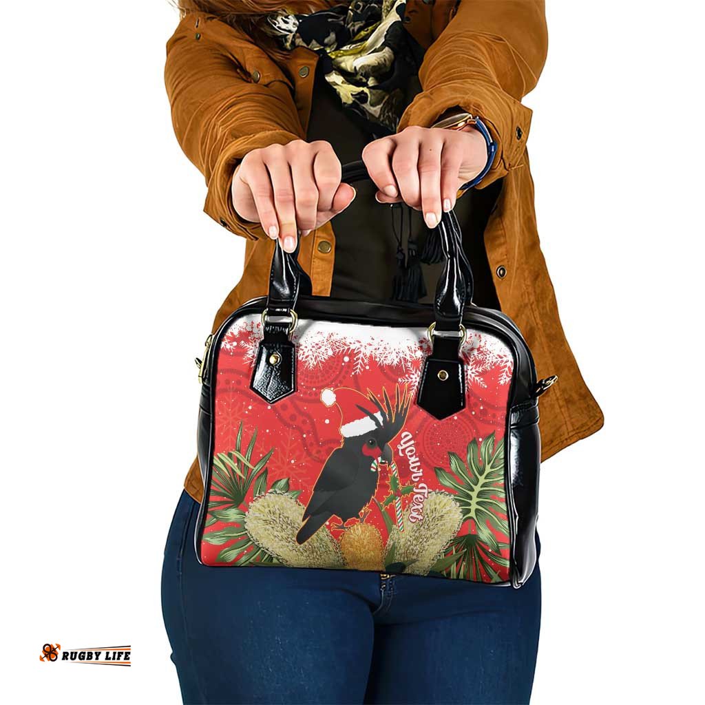 Personalised Palm Cockatoo Australia Christmas Shoulder Handbag Merry Chrissie - Banksia Flowers