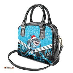 Custom Sharks Rugby Christmas Shoulder Handbag Merry Xmas 2023 Mix Aboriginal Art