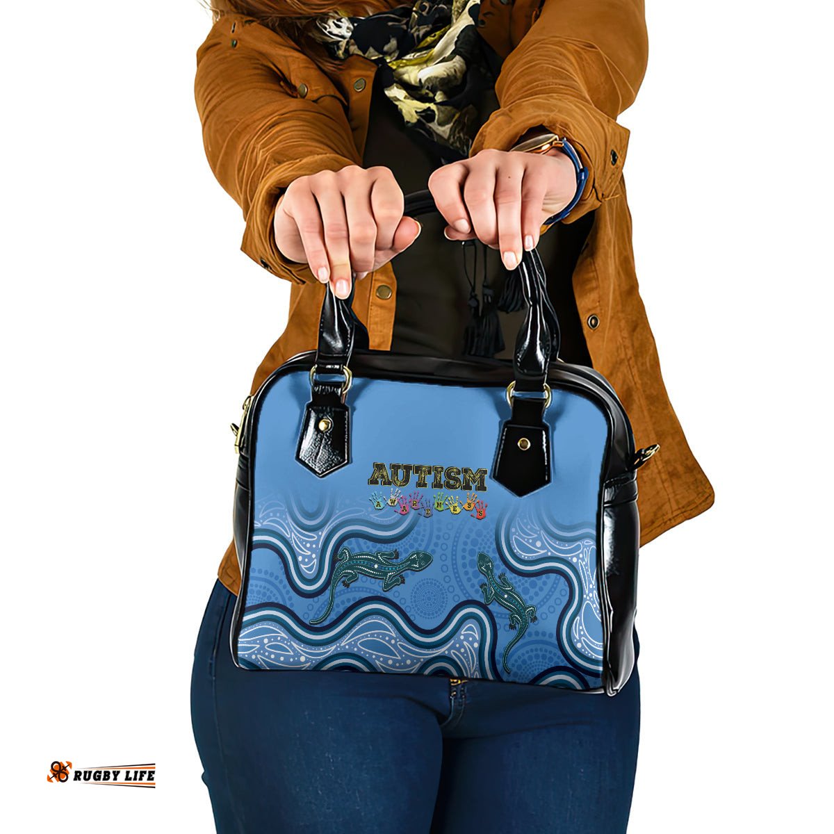 Australia Autism Awareness Shoulder Handbag In April We Wear Blue Aboriginal Lizard
