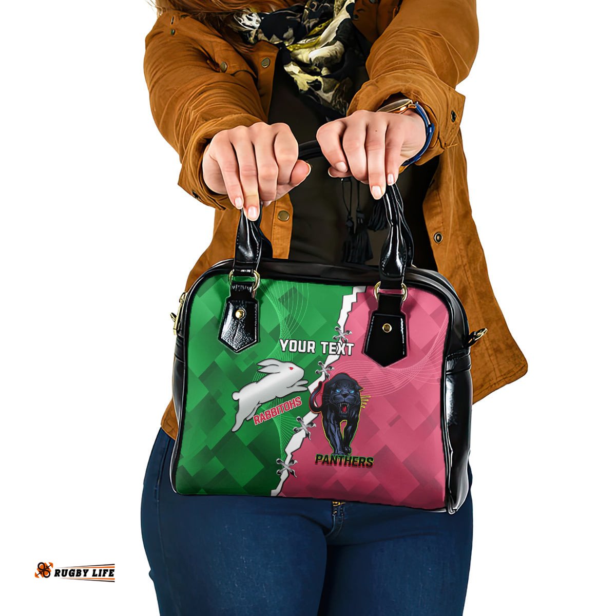 Personalised Panthers And Rabbitohs Rugby Shoulder Handbag 2024 Souths The Riff Together