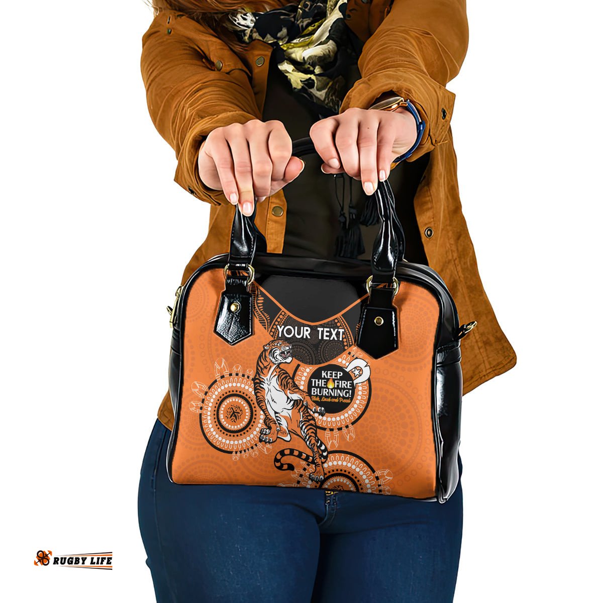 Custom NRL Tigers NAIDOC Week Shoulder Handbag Keep The Fire Burning Indigenous Art