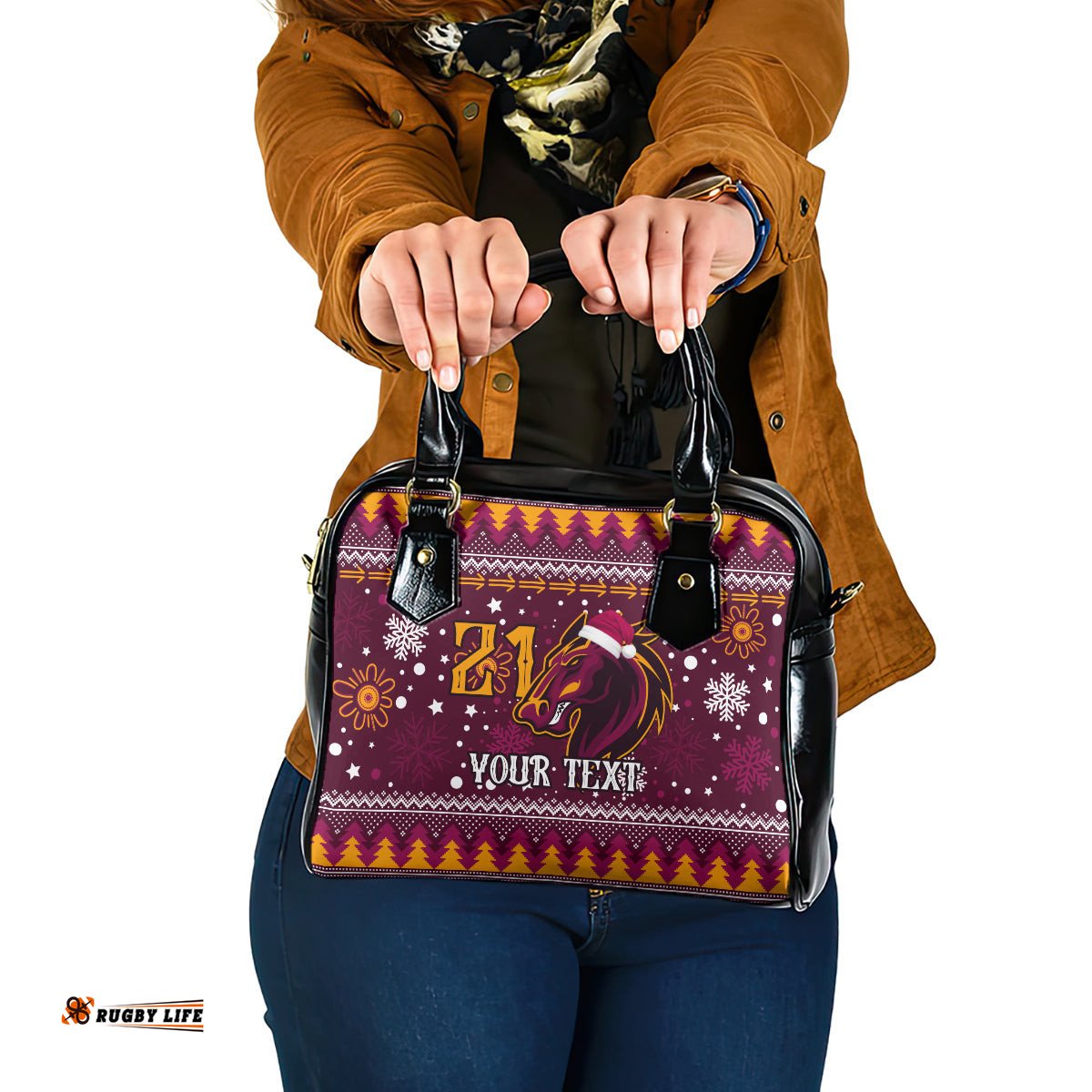 Custom Broncos Rugby Shoulder Handbag Heart Of All Queenland 2023 Christmas Vibe Unique