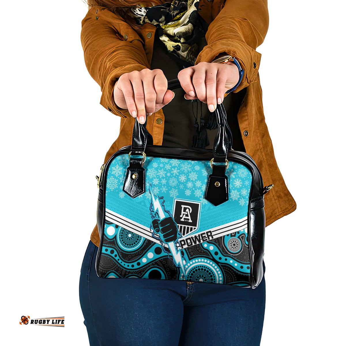 Custom Port Adelaide Football Christmas Shoulder Handbag Merry Xmas 2023 Mix Aboriginal Art