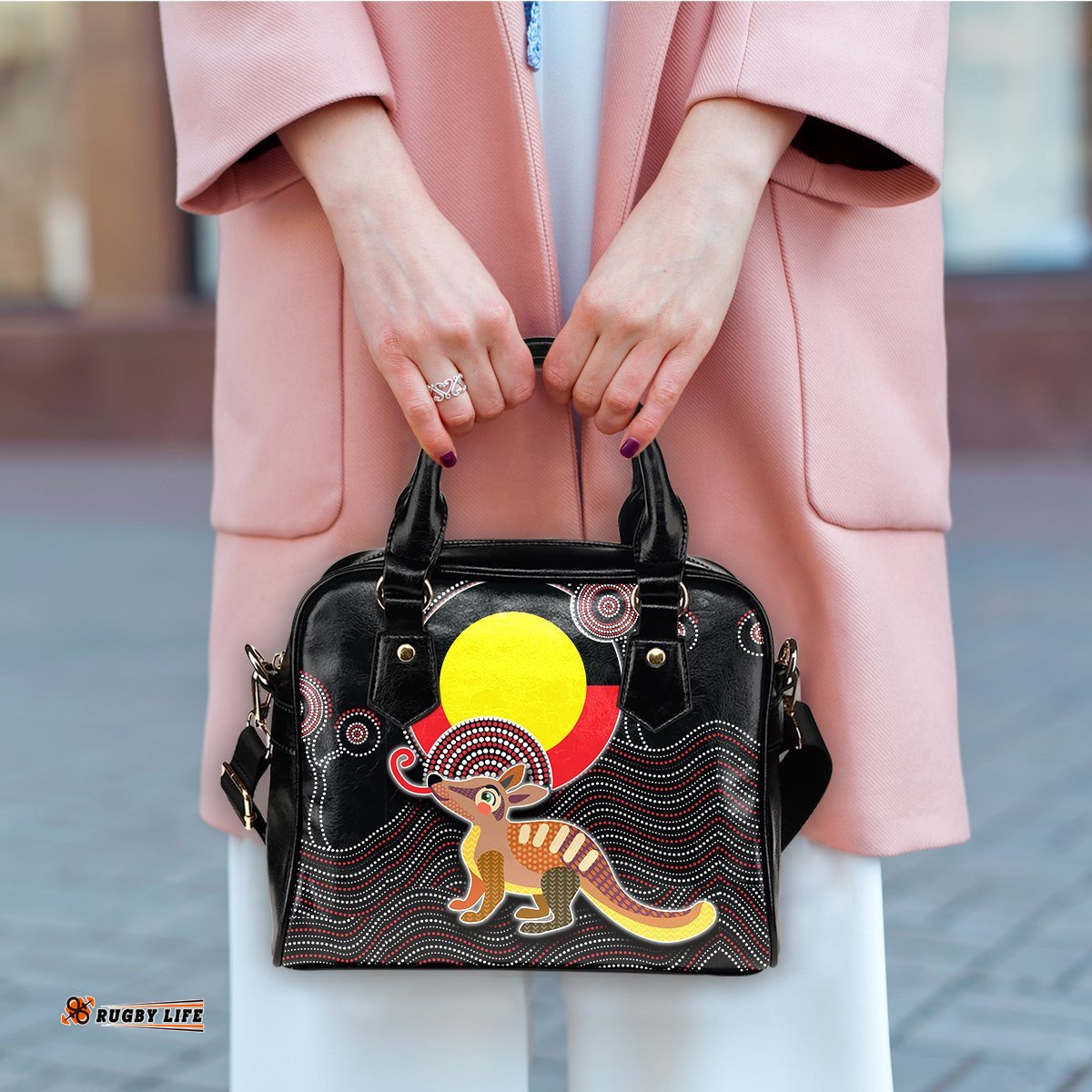 Shoulder Handbag - Numbat Tribal Pattern with Aboriginal Flag