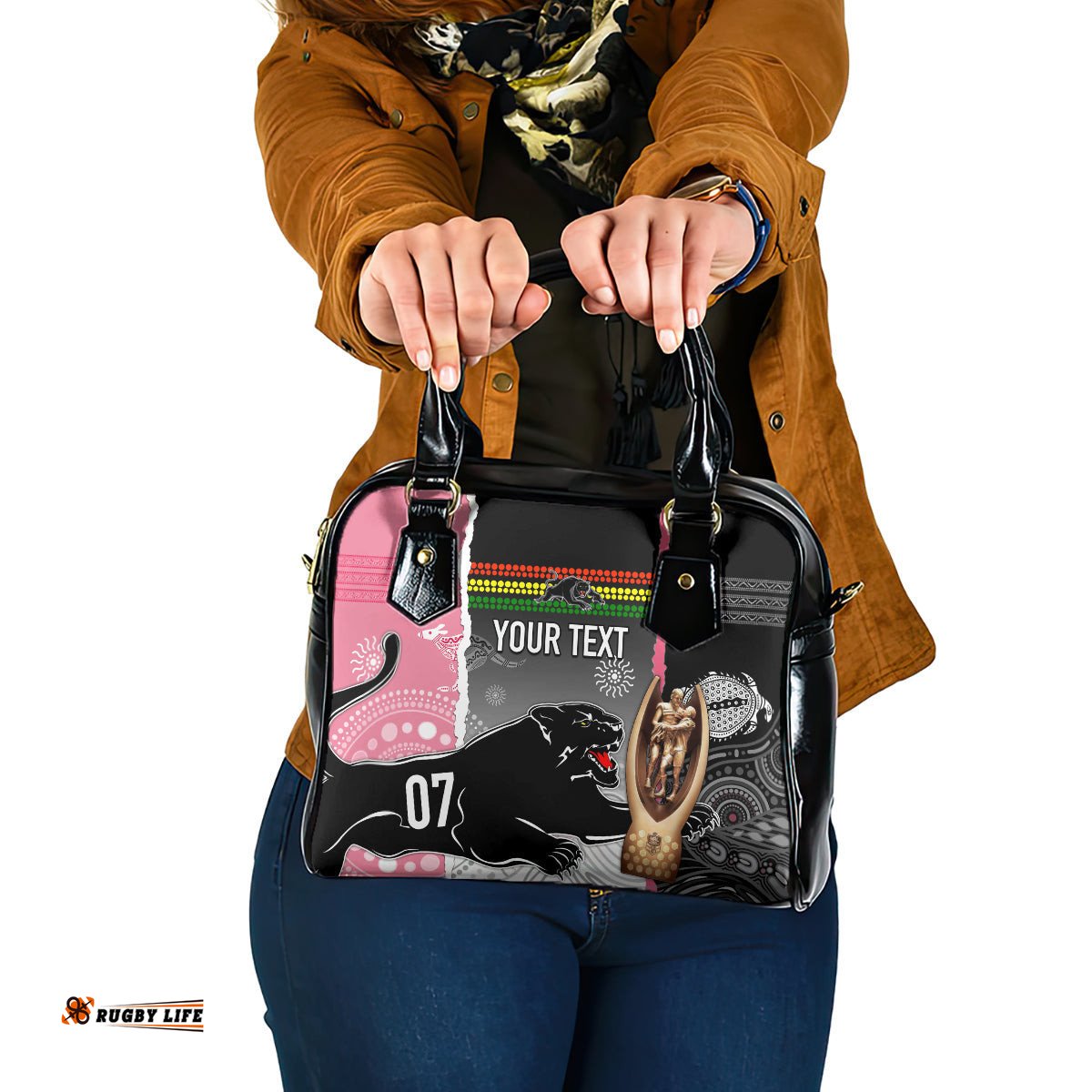 Personalised Panther Rugby NRL Premiers Shoulder Handbag Panther Pride Black & Pink Aboriginal Mix Art