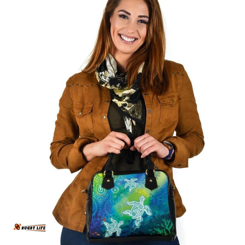 Aboriginal Shoulder Handbags - Indigenous Turtle Ocean Dot Painting Art