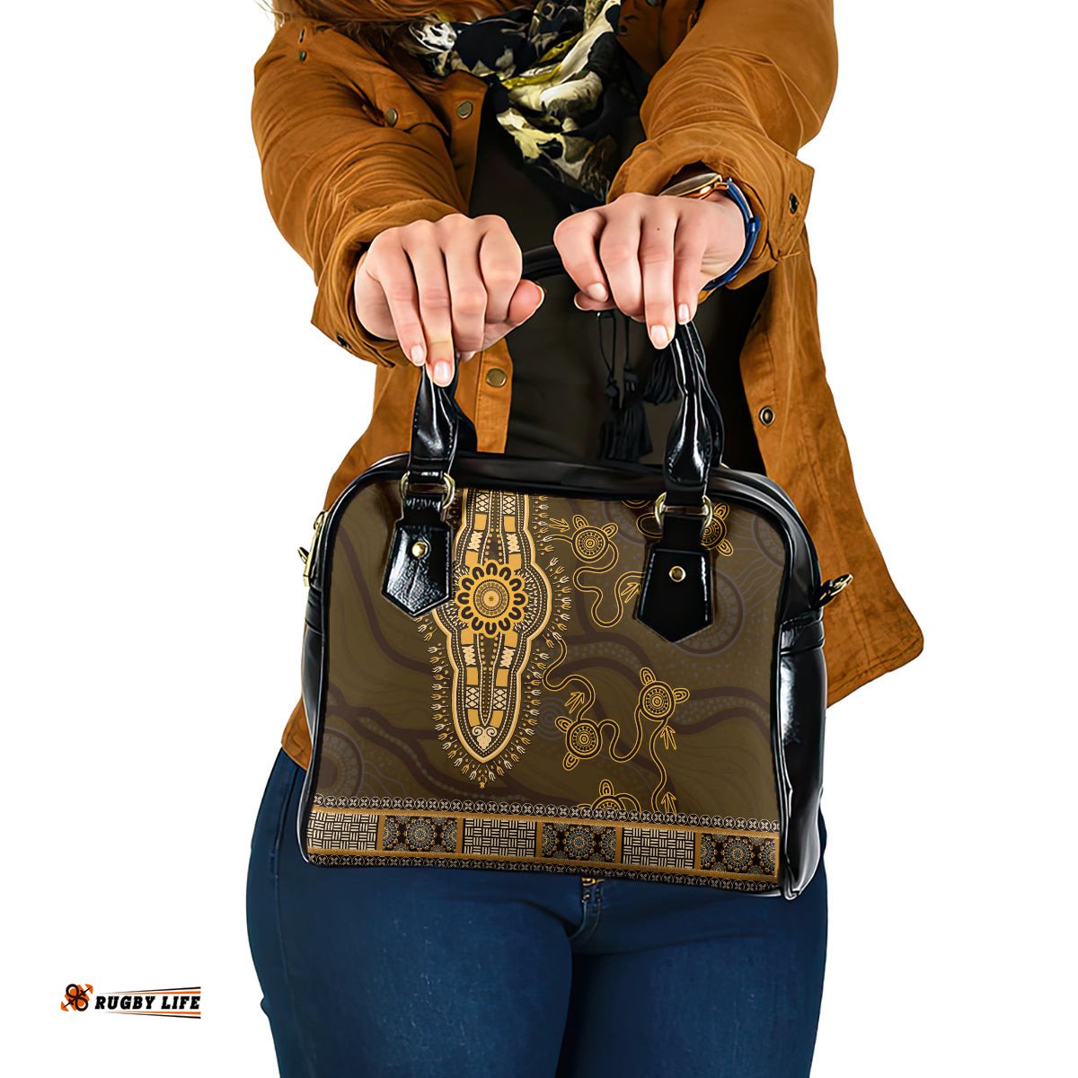 Gold African Dashiki With Australia Aboriginal Art Shoulder Handbag