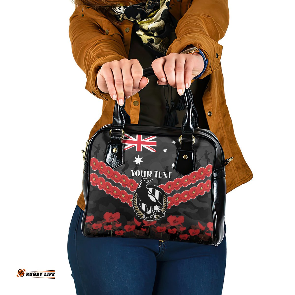 Custom Magpies Football Shoulder Handbag ANZAC Lest We Forget