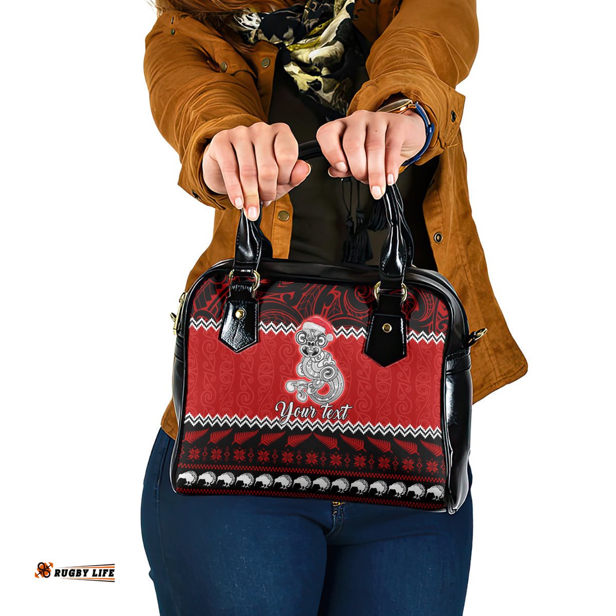 Personalised New Zealand Christmas Shoulder Handbag Maori Tiki Meri Kirihimete
