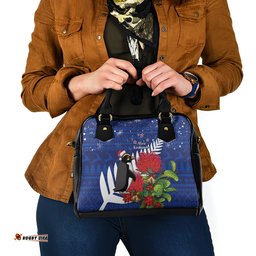 New Zealand Christmas In July Shoulder Handbag Fiordland Penguin With Pohutukawa Flower