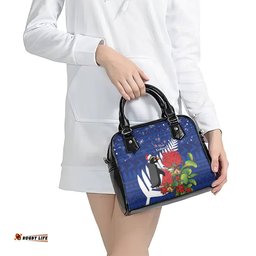 New Zealand Christmas In July Shoulder Handbag Fiordland Penguin With Pohutukawa Flower