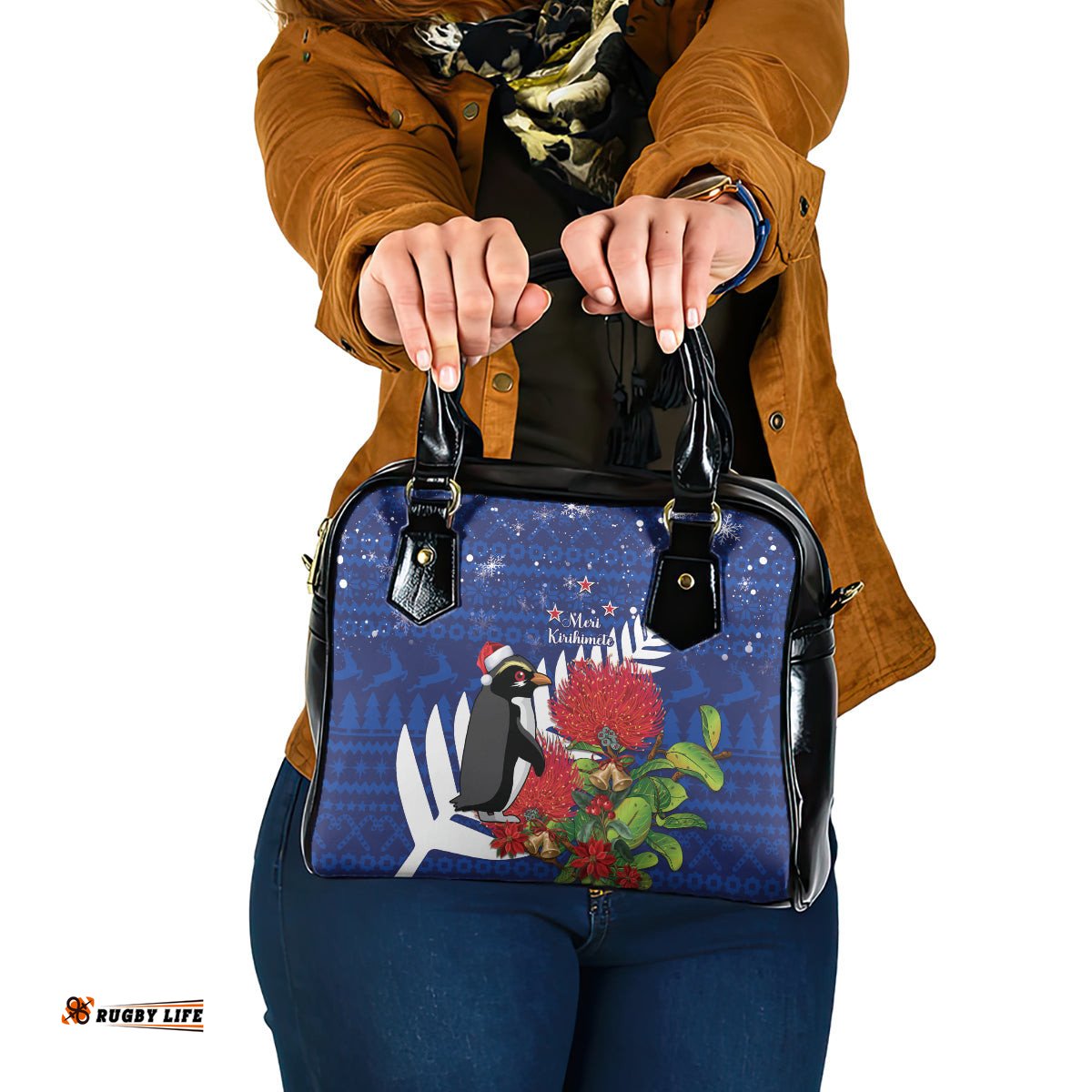 New Zealand Christmas In July Shoulder Handbag Fiordland Penguin With Pohutukawa Flower