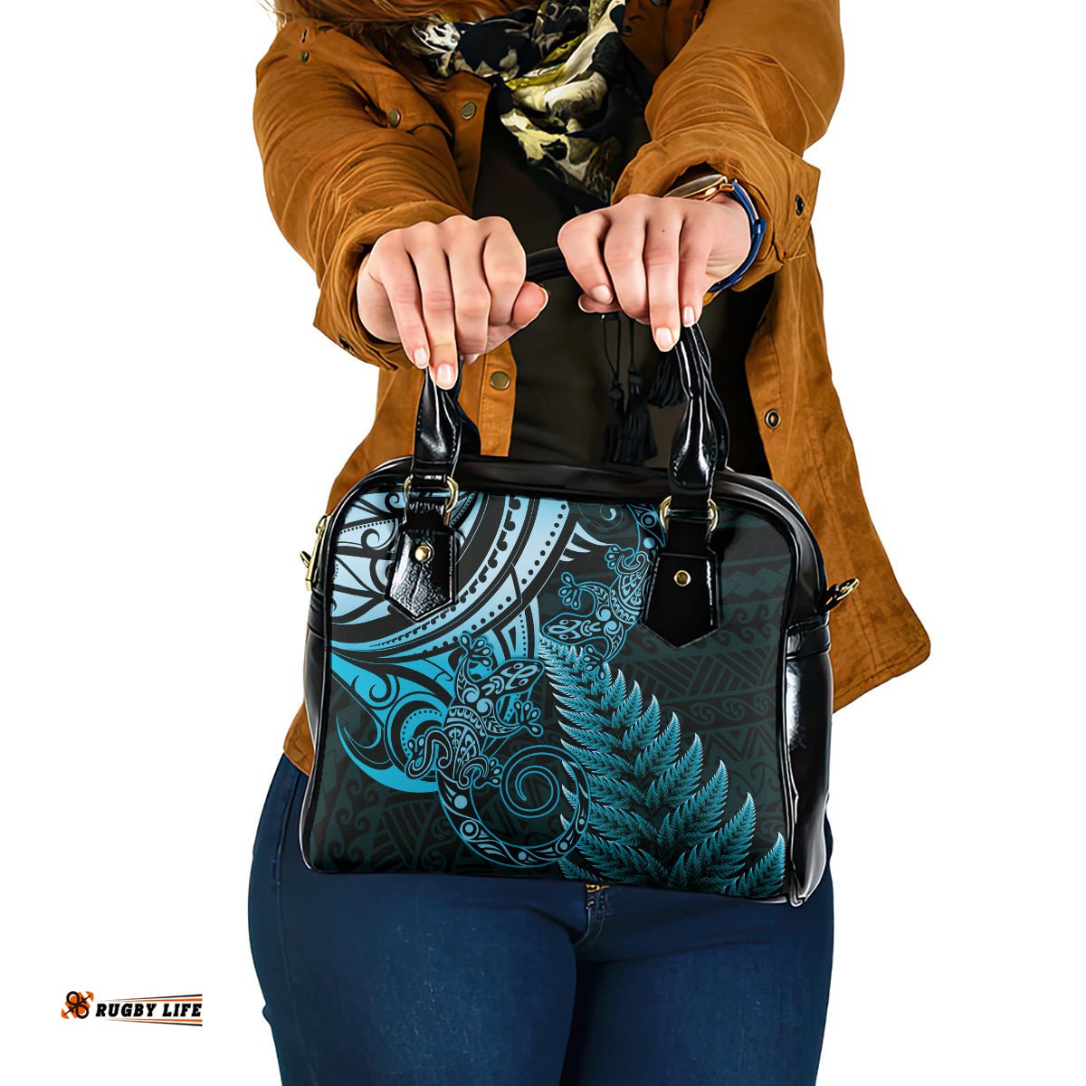 New Zealand Lizard Shoulder Handbag Silver Fern Aotearoa Maori Blue Version