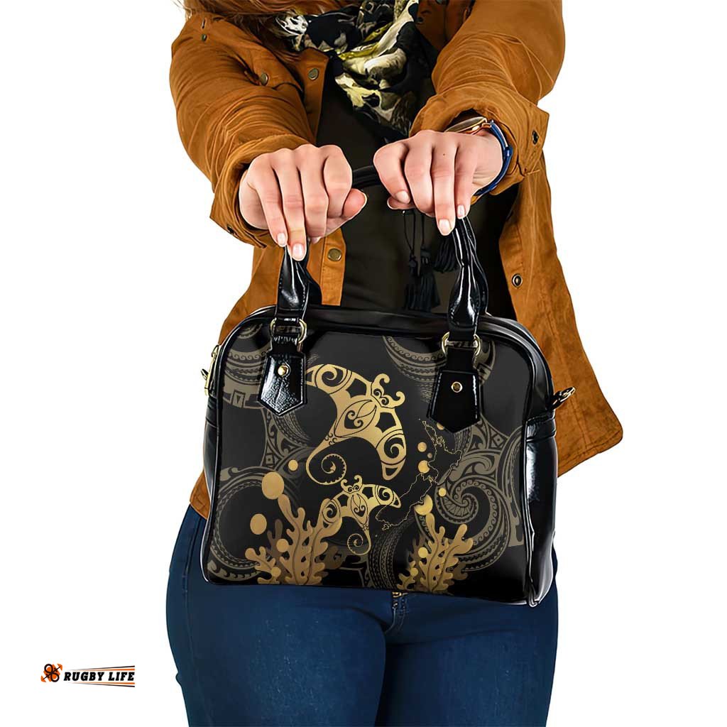 Black And Gold Aotearoa Whai Shoulder Handbag NZ Stingrays Maori Curves Style