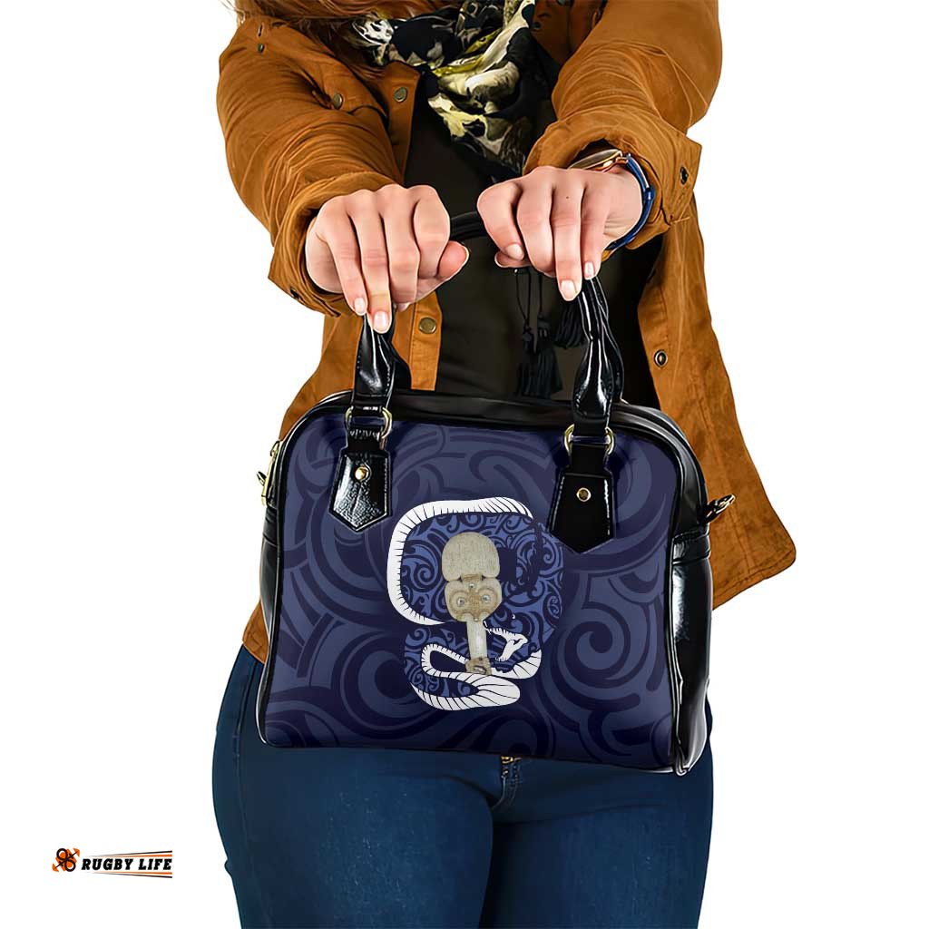 Blue New Zealand Eel Shoulder Handbag Aotearoa Maori Tuna With Kotiate Weapon