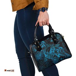 New Zealand Tuatara Shoulder Handbag Aotearoa Maori Clematis Flowers - Blue