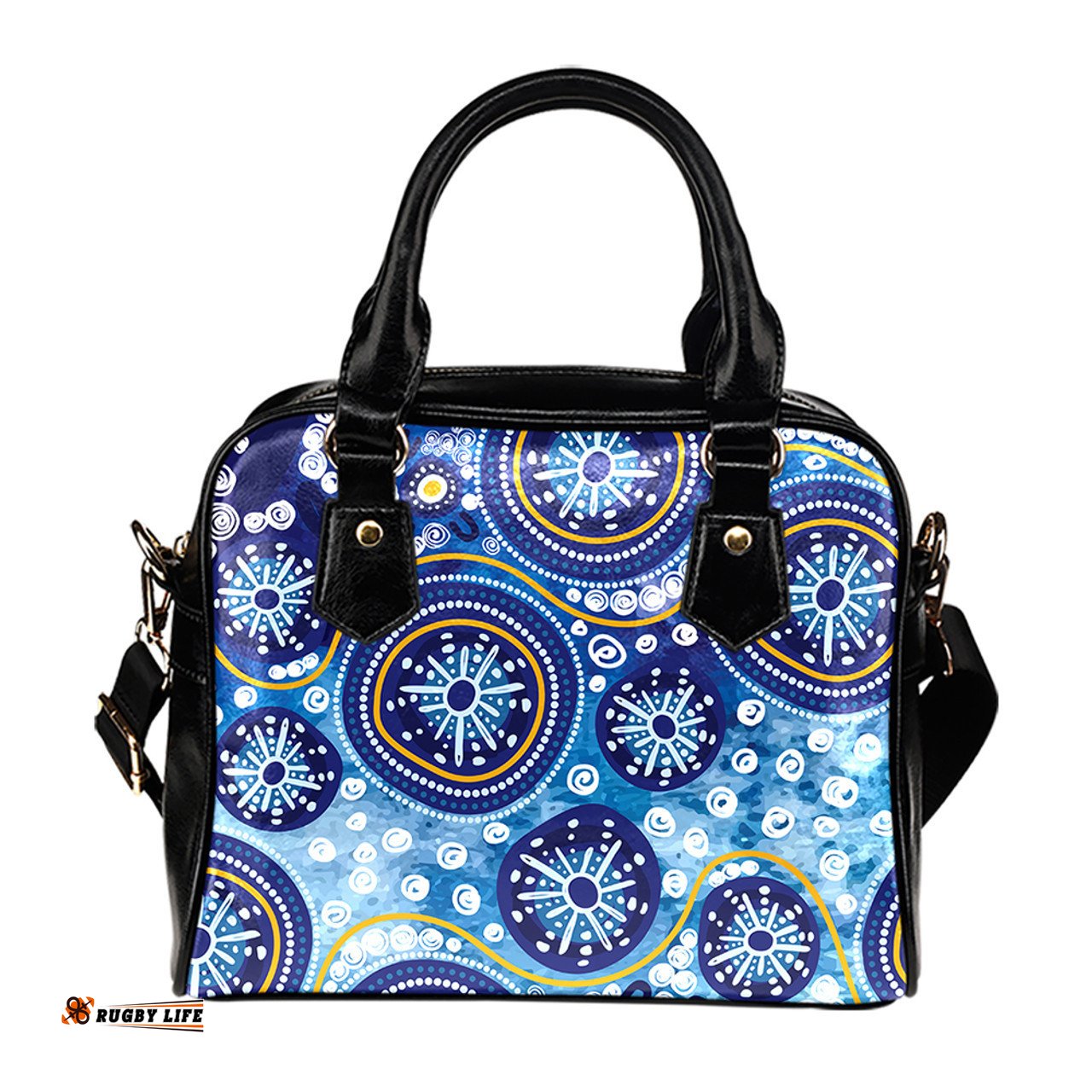 Indigenous Australian Aboriginal Blue Background With Traditional Aboriginal Dot Decoration Shoulder Handbag