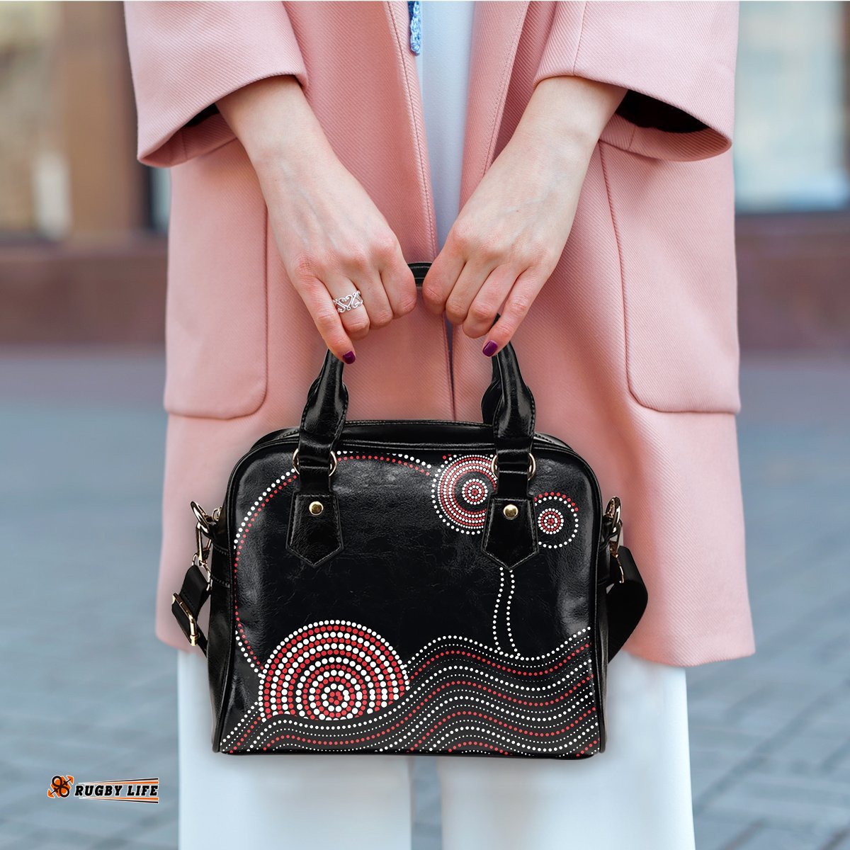 Shoulder Handbag - Aboriginal Pattern Black Style