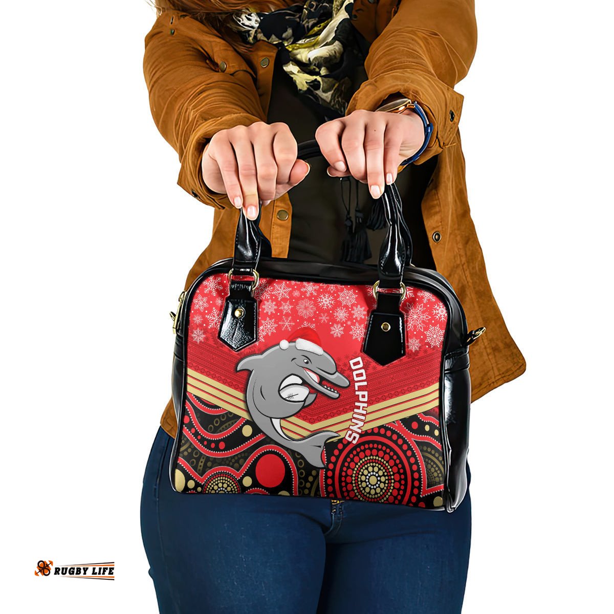Dolphins Rugby Christmas Shoulder Handbag Merry Xmas 2023 Mix Aboriginal Art