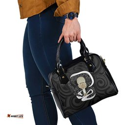 Black New Zealand Eel Shoulder Handbag Aotearoa Maori Tuna With Kotiate Weapon