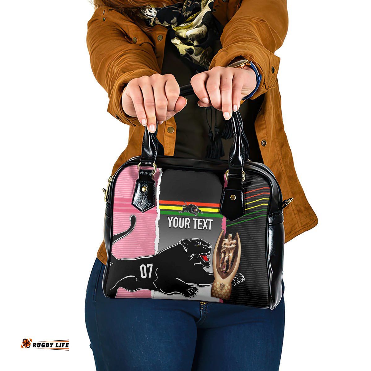 Personalised Panther Rugby NRL Premiers Shoulder Handbag Panther Pride Black & Pink Sporty Vibe