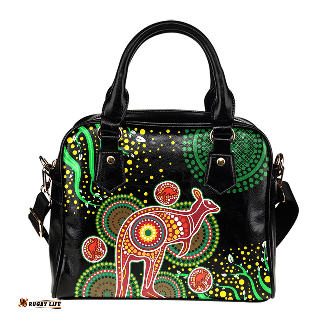 Indigenous Australian Aboriginal Aboriginal Plant With Kangaroo Colorful Art Shoulder Handbag