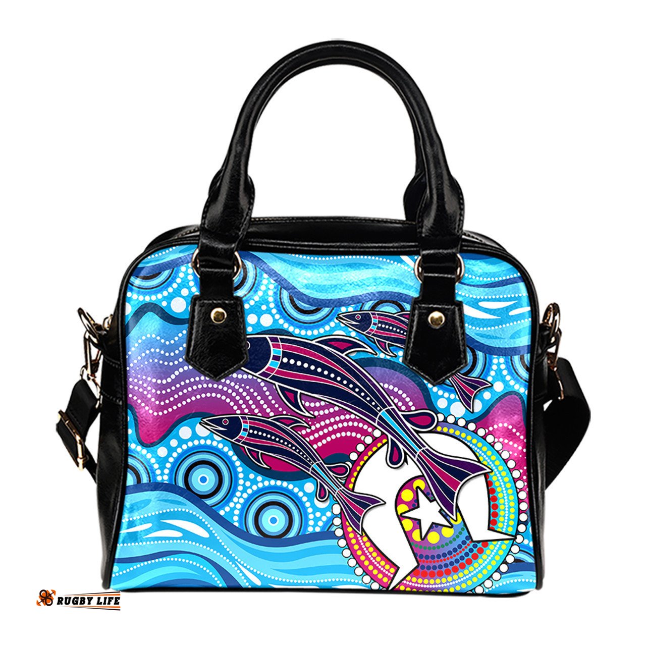 Indigenous Australian Aboriginal Aboriginal Art Painting Fishaholic Shoulder Handbag