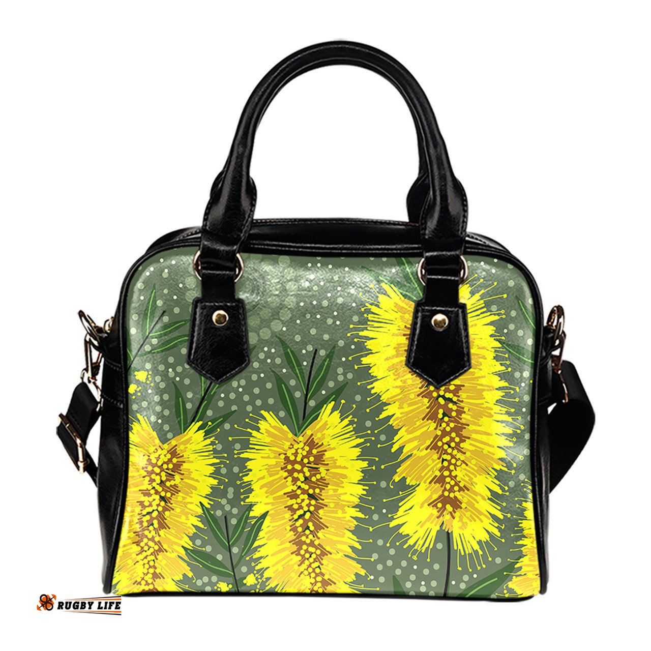 Indigenous Australian Aboriginal Yellow Bottle Brush Flora In Aboriginal Painting Shoulder Handbag