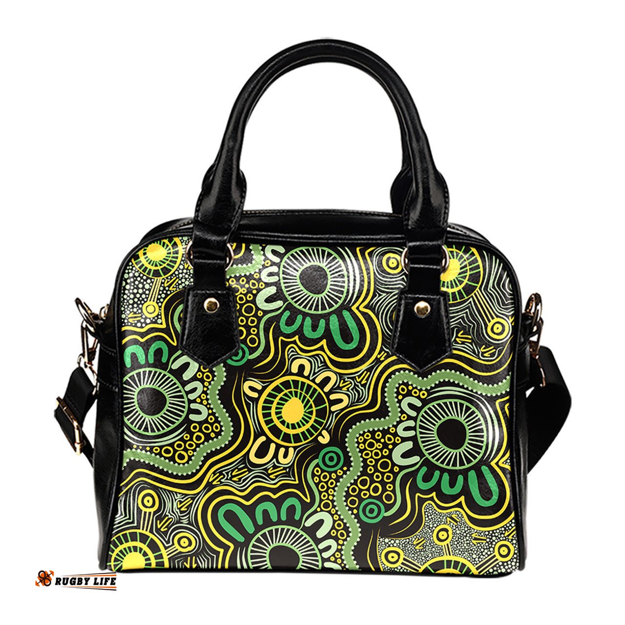 Indigenous Australian Aboriginal Aboriginal Art Style Green Background Shoulder Handbag