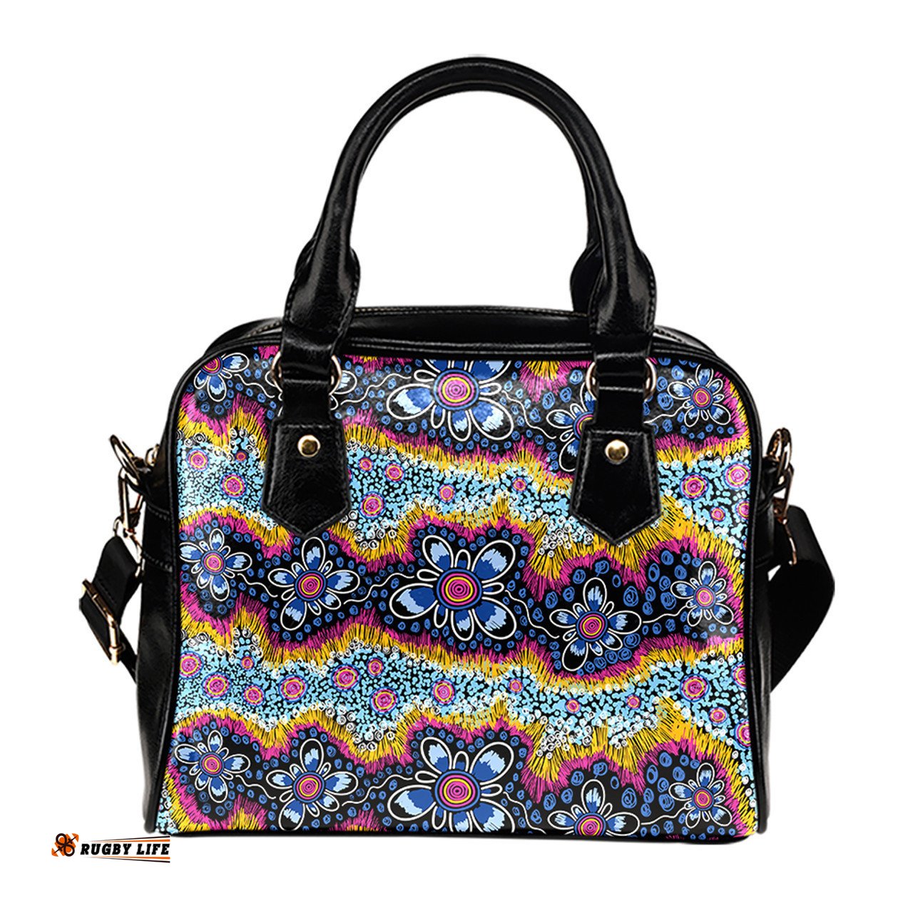 Indigenous Australian Aboriginal Dancing Petals Across Dreamwave Lines Sacred Shoulder Handbag
