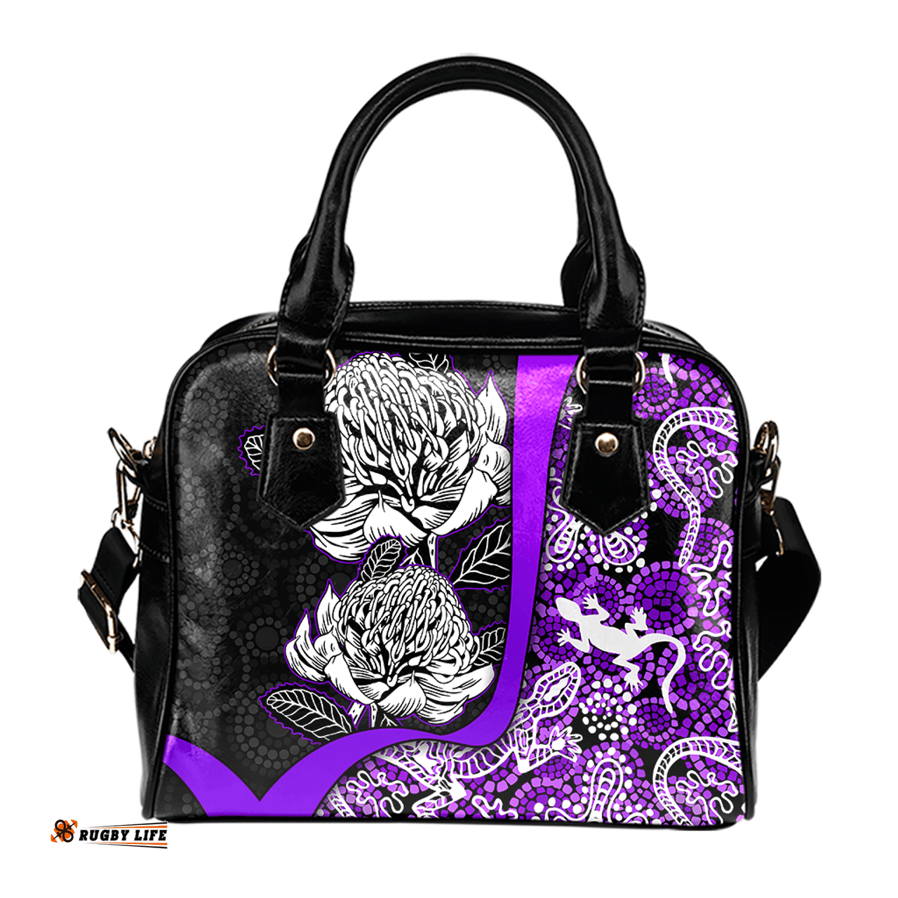 Indigenous Australian Aboriginal Waratah Flowers With Lizards, Stones, Sand Dot Art Purple Shoulder Handbag