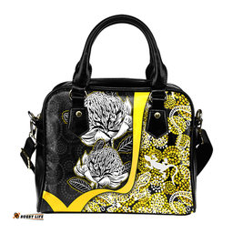 Indigenous Australian Aboriginal Waratah Flowers With Lizards, Stones, Sand Dot Art Yellow Shoulder Handbag