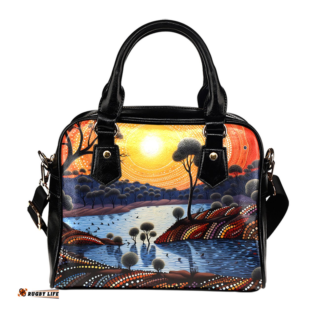 Indigenous Australian Aboriginal Aboriginal River In Circle and Dot Painting Shoulder Handbag