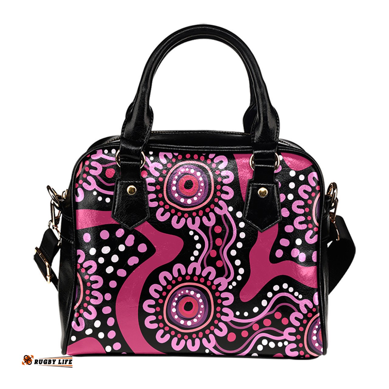 Indigenous Australian Aboriginal Pink Flowers Aboriginal Dot Art Shoulder Handbag