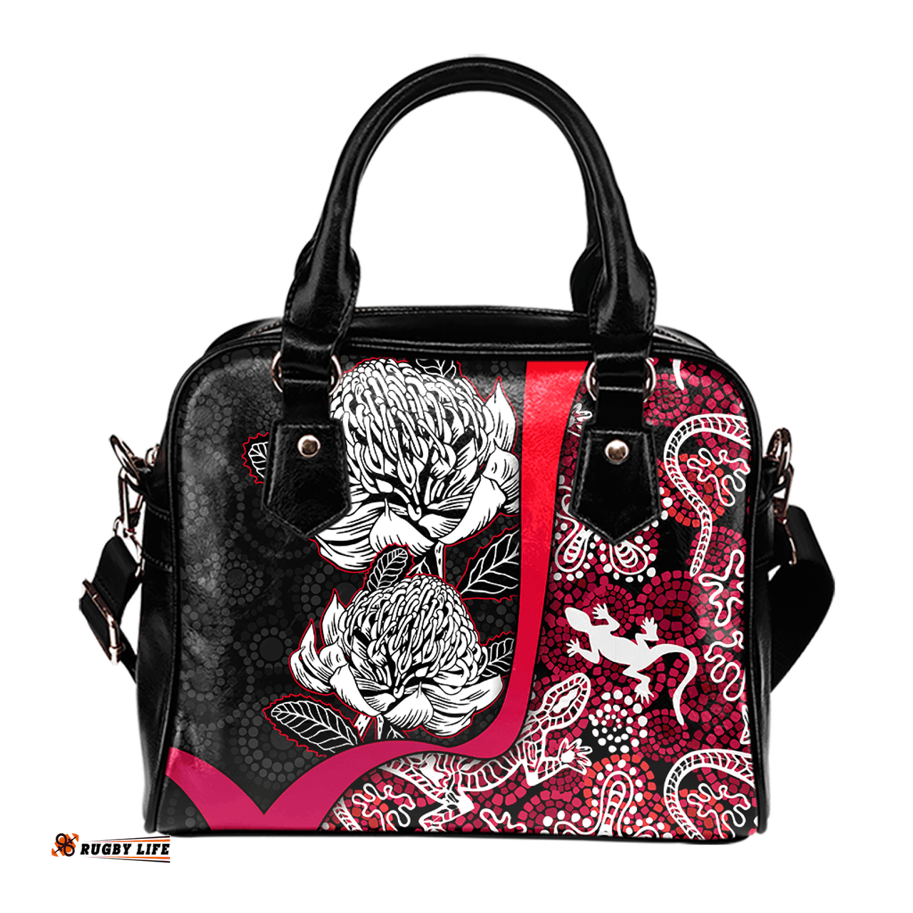 Indigenous Australian Aboriginal Waratah Flowers With Lizards, Stones, Sand Dot Art Red Shoulder Handbag